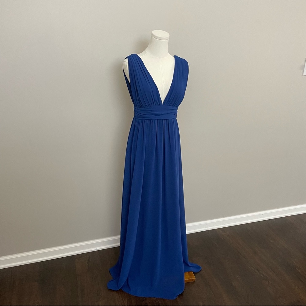 Lulus Dress Heavenly Hues Maxi Dress Chiffon Lined Plunge Neck Slit Royal Blue